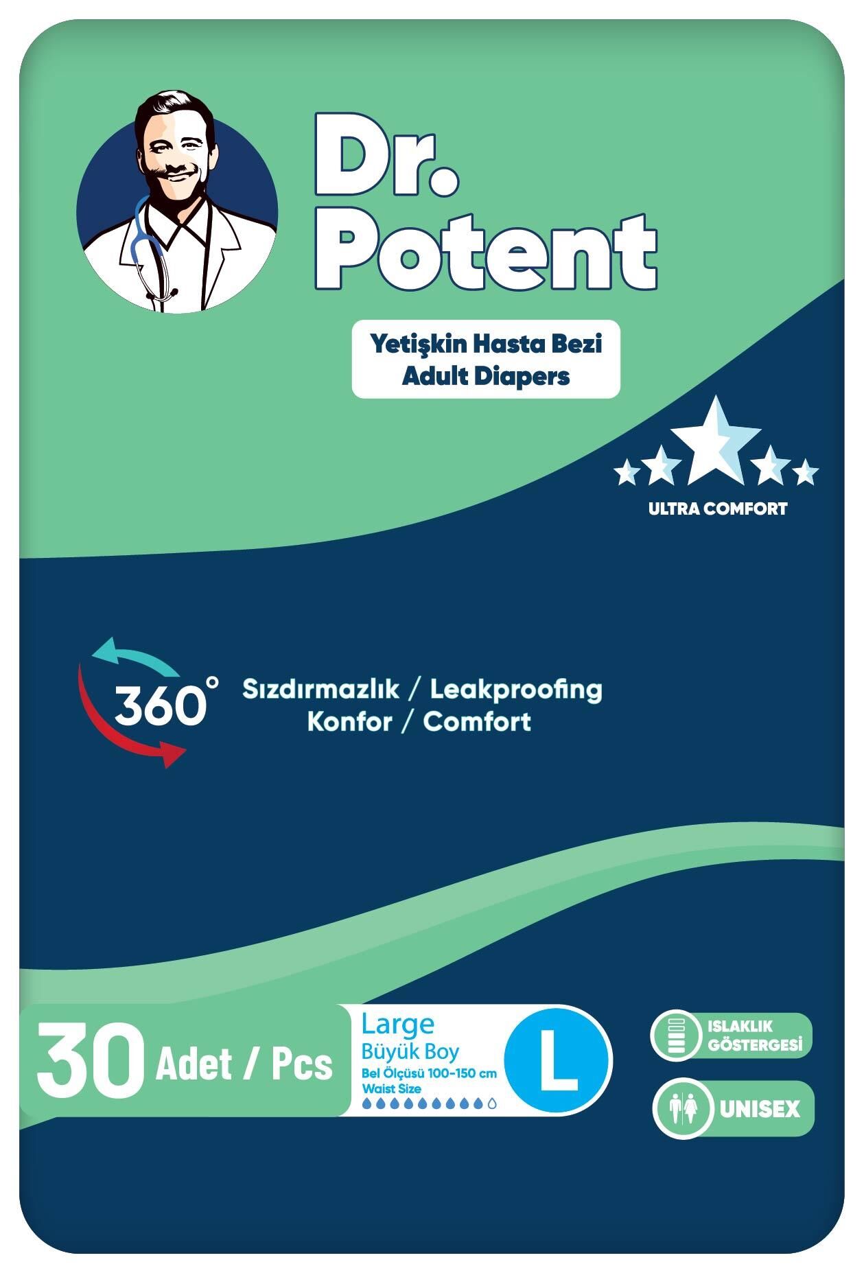 Dr.Potent Large (L) Beden Bel Bantlı Büyük Boy Hasta Bezi 30 Adet