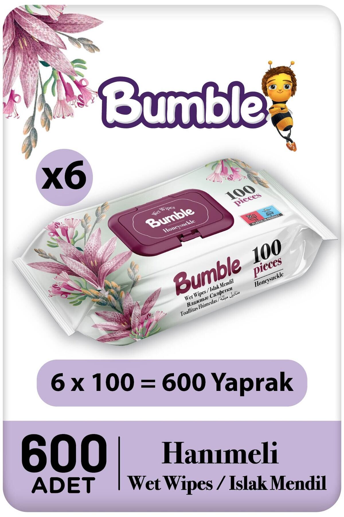 Bumble Hanımeli Islak Mendil 100'lü Eko Paket 6'lı