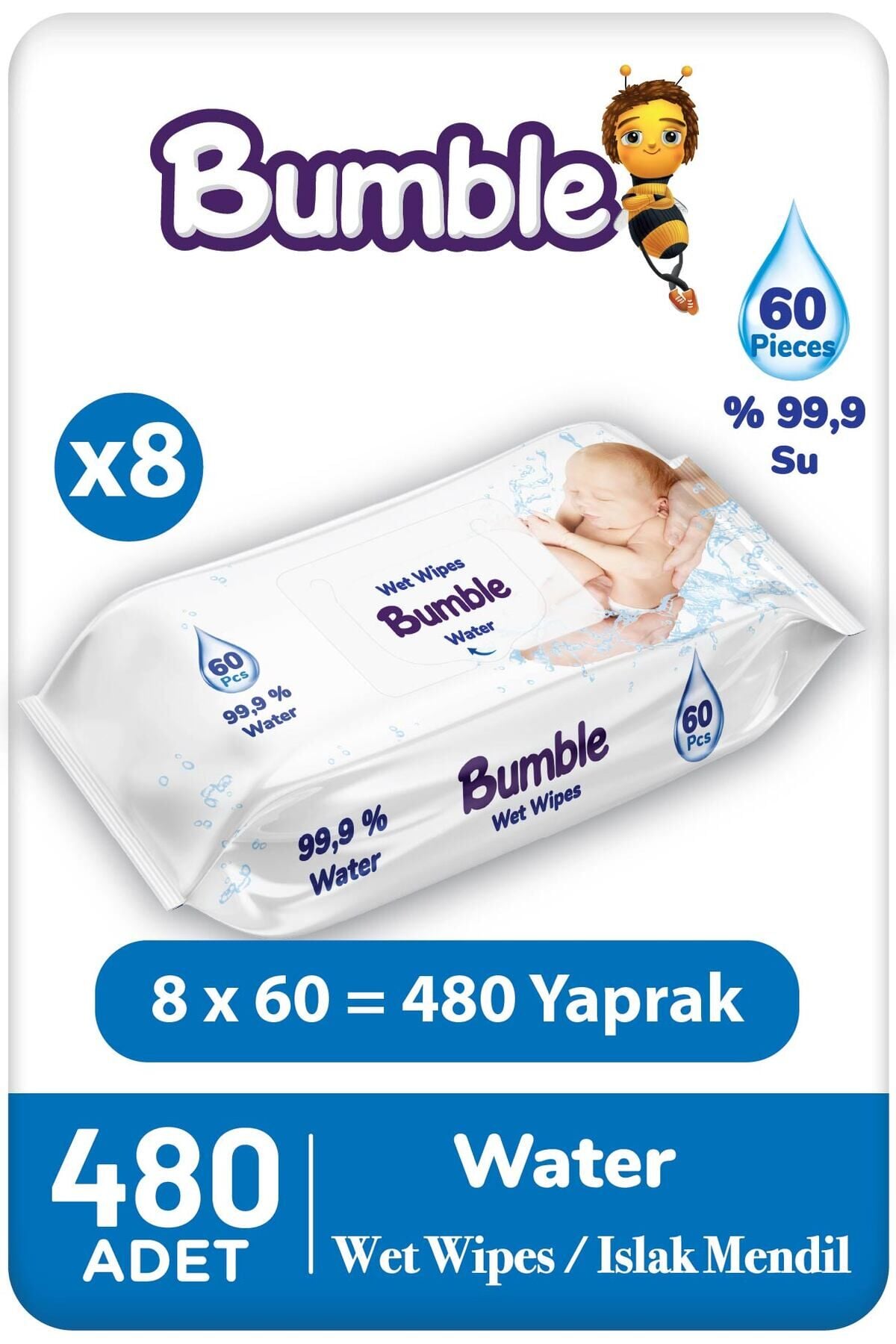 Bumble Baby Water Wipes Yenidoğan Islak Mendil %99 Su Bazlı Islak Mendil 60'lı Paket 8'li