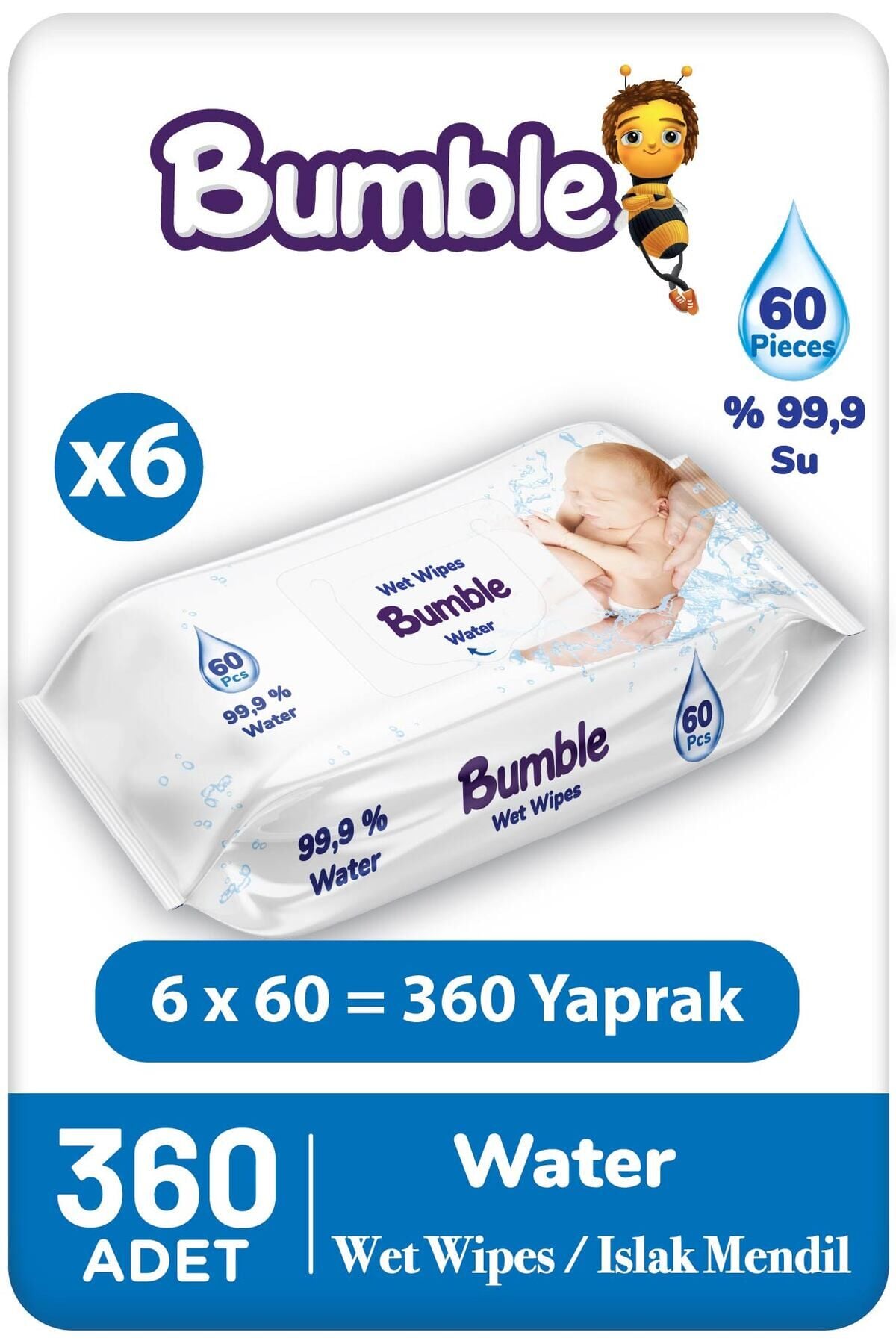 Bumble Baby Water Wipes Yenidoğan Islak Mendil %99 Su Bazlı 60'lı Eko Paket 6'lı