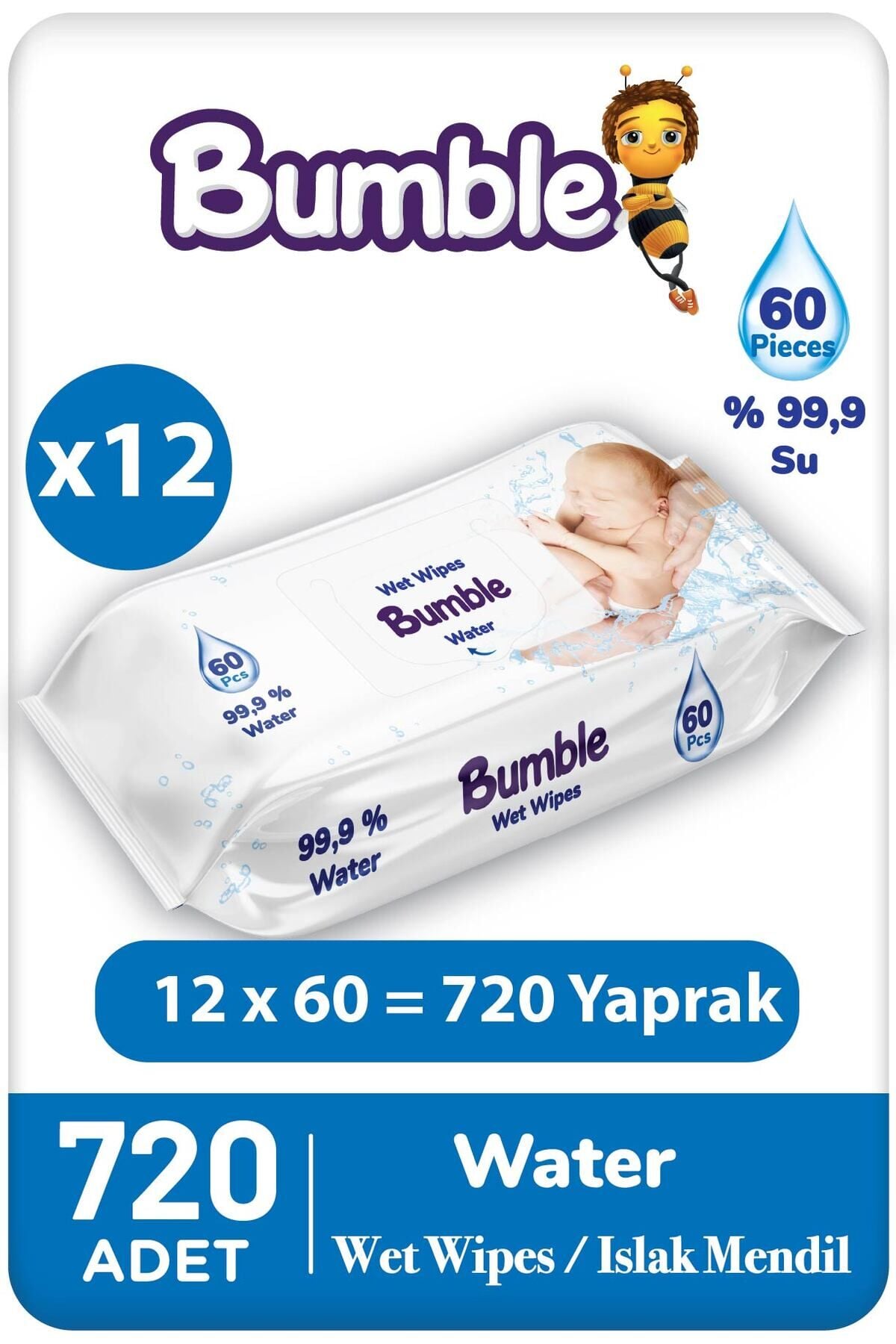 Bumble Baby Water Wipes Yenidoğan Islak Mendil %99 Su Bazlı 60'lı Eko Paket 12'li