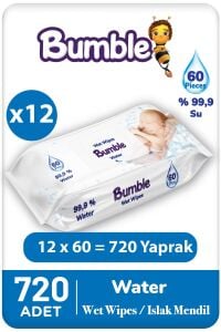 Bumble Baby Water Wipes Yenidoğan Islak Mendil %99 Su Bazlı 60'lı Eko Paket 12'li