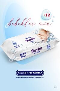 Bumble Baby Water Wipes Yenidoğan Islak Mendil %99 Su Bazlı 60'lı Eko Paket 12'li