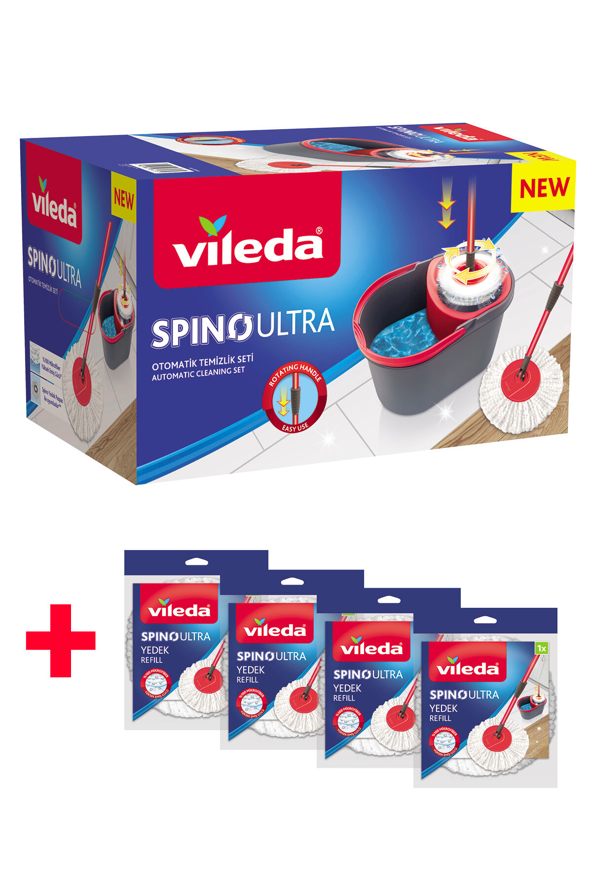 Vileda Spino Ultra Otomatik Temizlik Seti + 4 Adet Mikrofiber Yedek Paspas