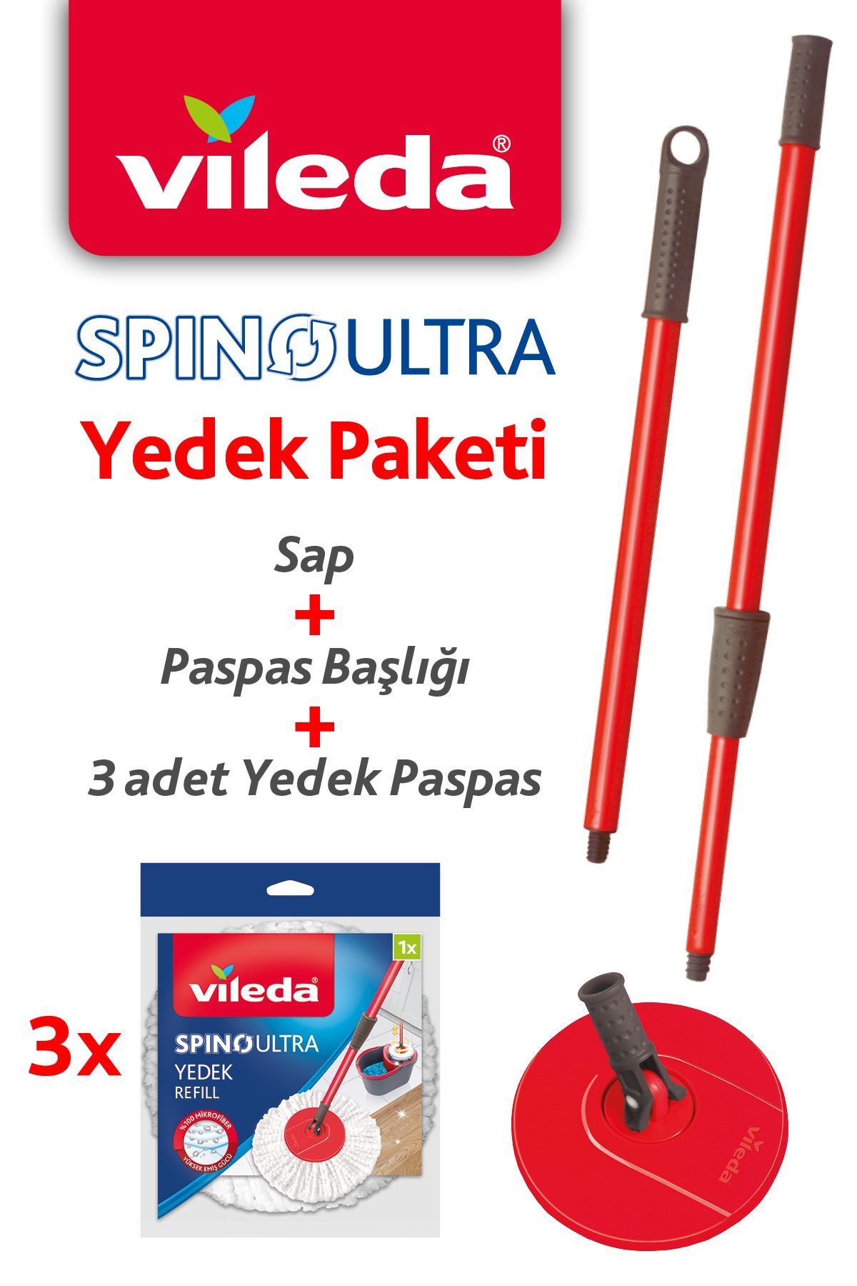 Vileda Spino Ultra Yedek Paketi Sap + Paspas Başlığı + 3 Adet Mikrofiber Yedek Paspas