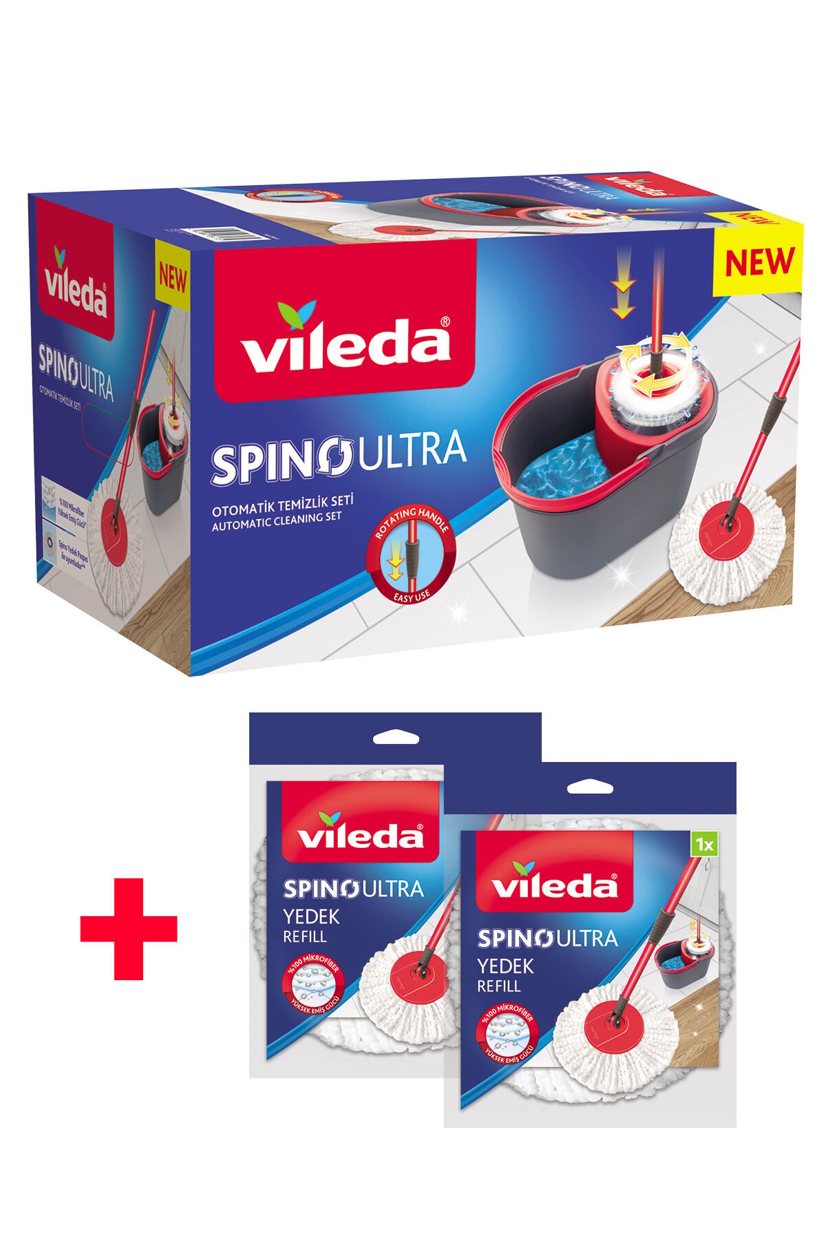 Vileda Spino Ultra Otomatik Temizlik Seti + 2 Adet Mikrofiber Yedek Paspas