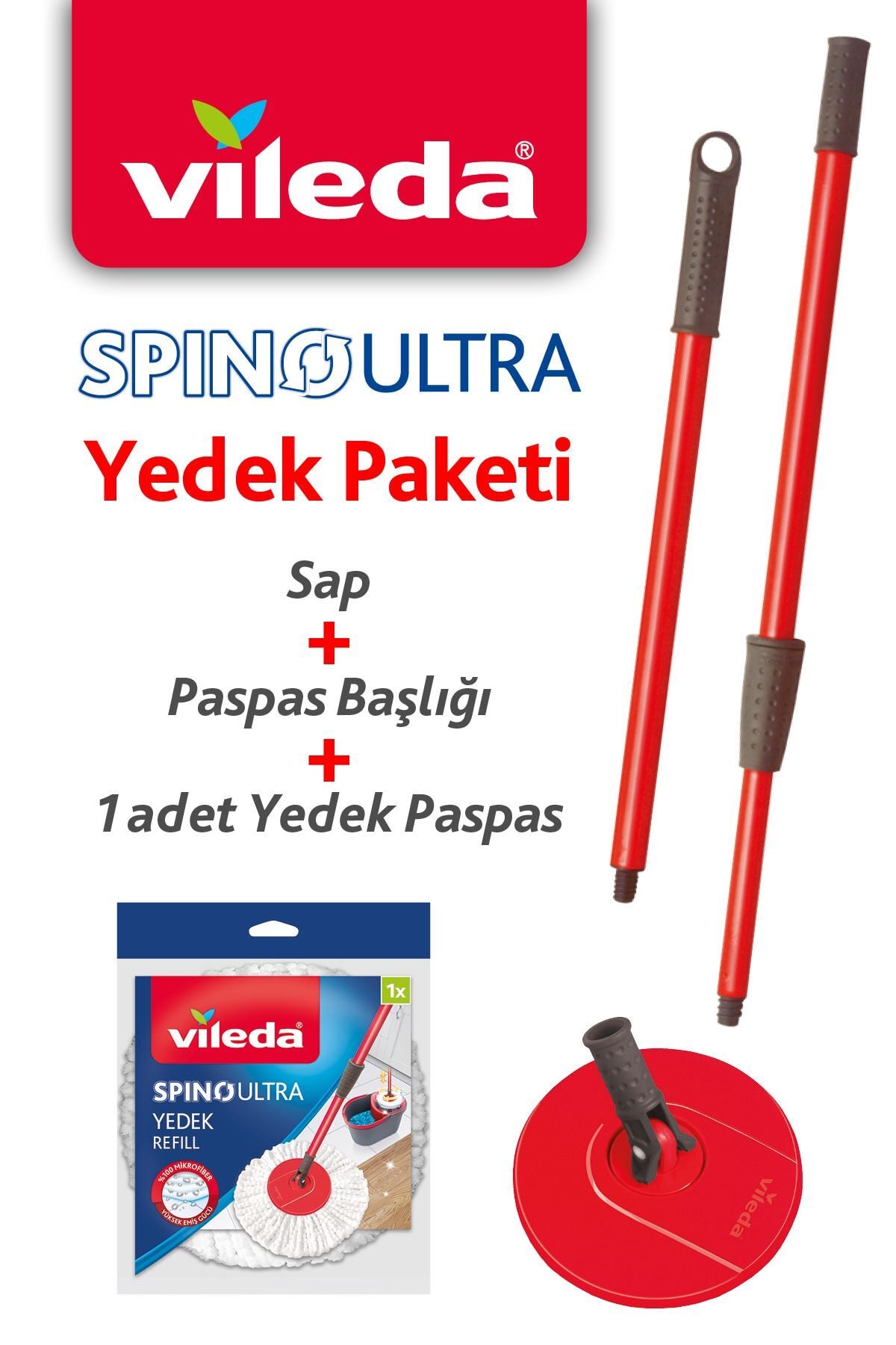 Vileda Spino Ultra Yedek Paketi Sap + Paspas Başlığı + 1 Adet Mikrofiber Yedek Paspas