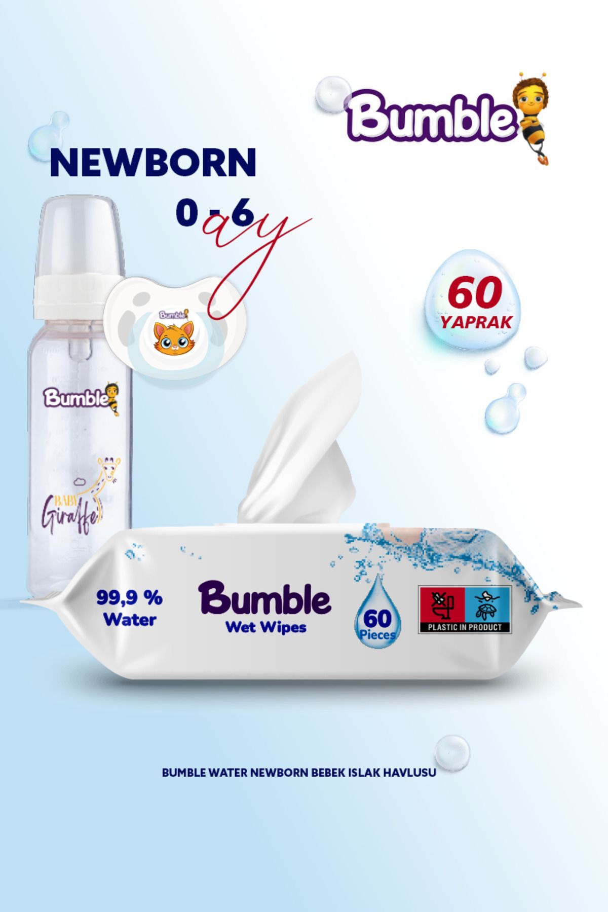 Bumble Baby Water Wipes Yenidoğan Islak Mendil %99 Su Bazlı 60'lı Eko Paket 3'lü+Biberon+Emzik (Seyahat Seti)
