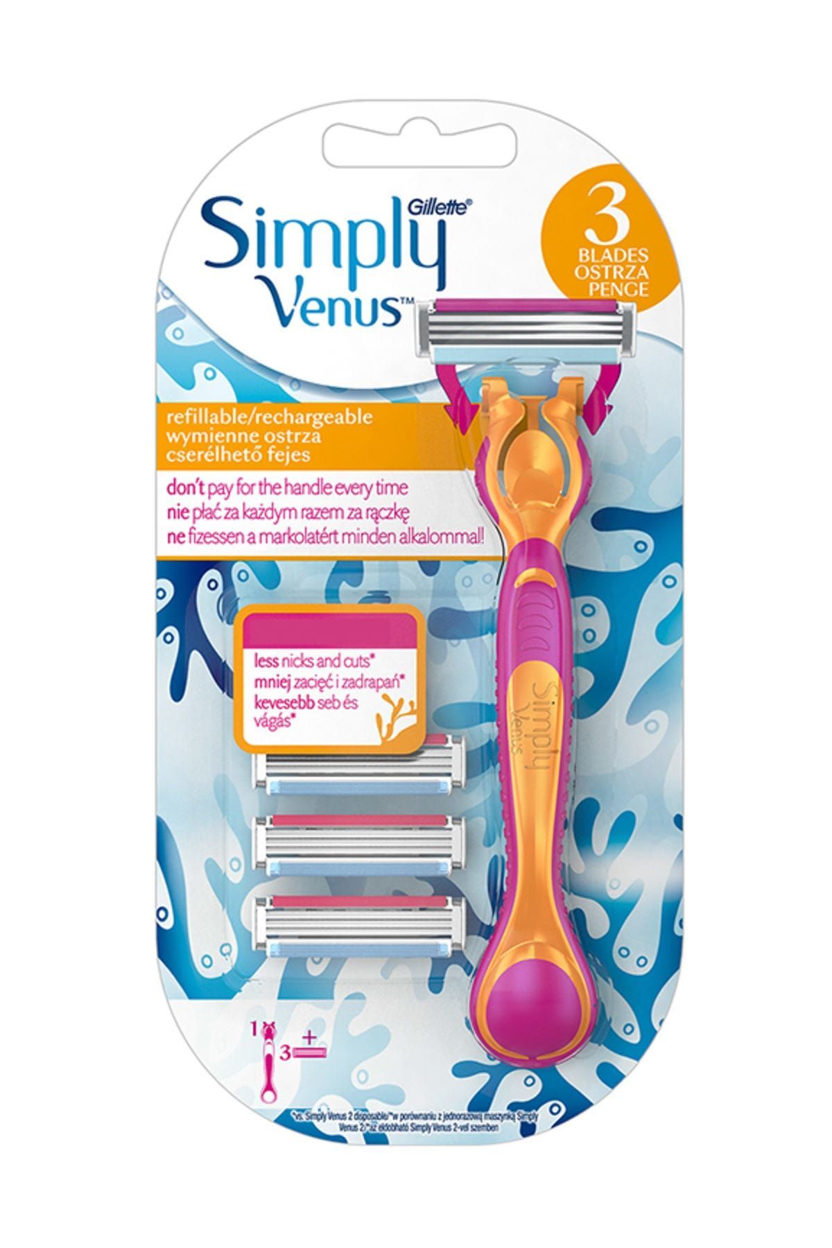 *Gillette Venus Simply 3 Traş Makinesi + 3'lü Yedek Tıraş Bıçağı