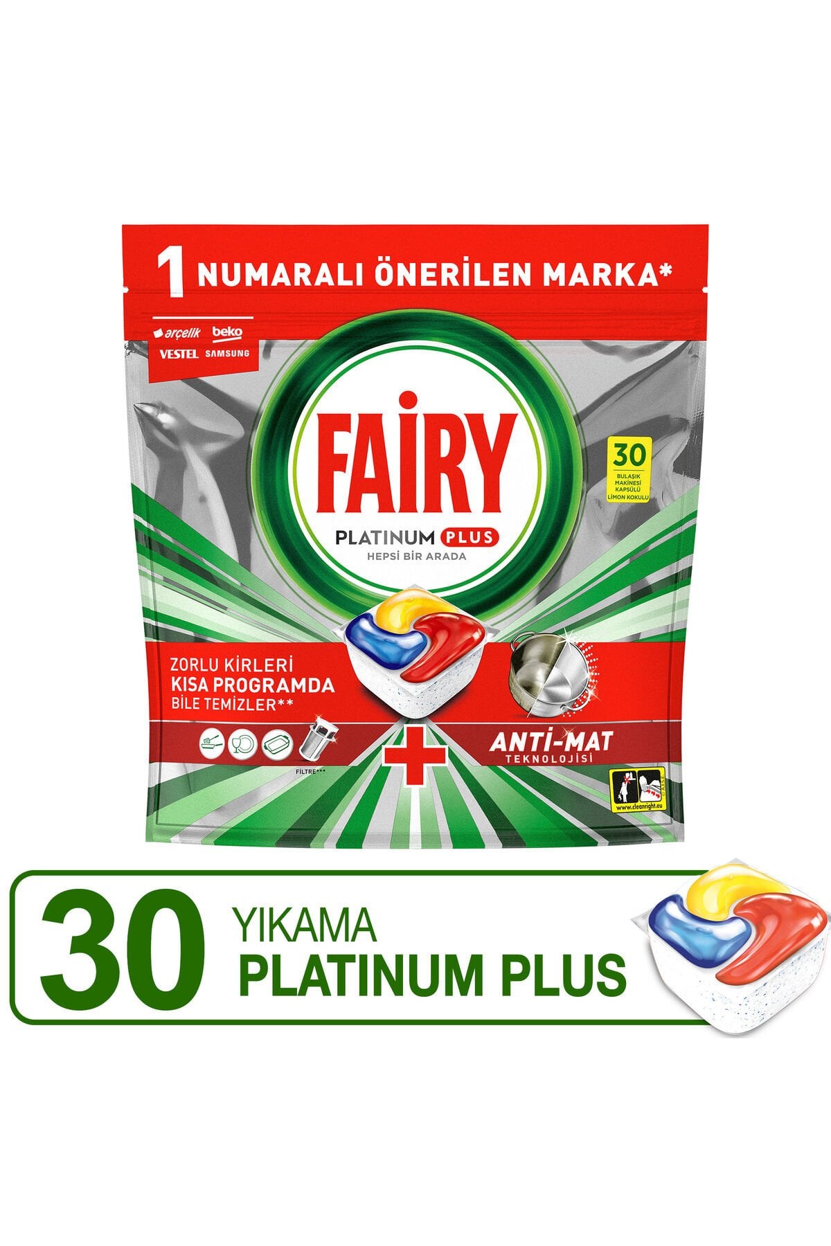 Fairy Platinum Plus Limon Hepsi Bir Arada Bulaşık Makinesi Tabletleri, 30 Tablet