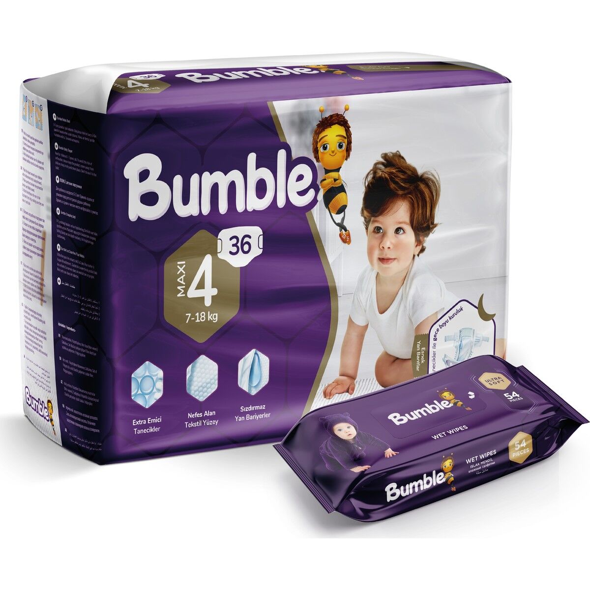 Bumble 4 Numara Bebek Bezi Maxi Ikiz Paket+Bumble Baby Islak Mendil Hediyeli