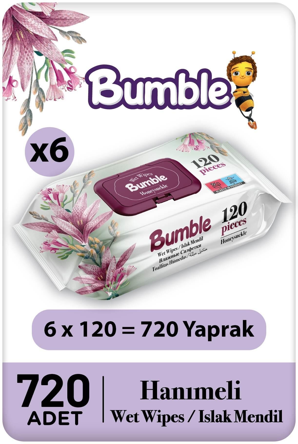 Bumble Hanımeli Islak Mendil 120'li Eko Paket 6'lı